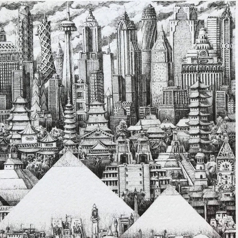 Puede incluir: Un dibujo en blanco y negro a pluma y tinta de una ciudad con rascacielos y pagodas. El dibujo est&aacute; hecho en un estilo realista y muestra una variedad de estilos arquitect&oacute;nicos.