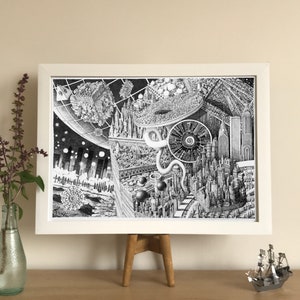 Kaleidoscopic Cogitation - surrealism print, A3 print, surrealism art, architecture wall art black and white, cityscape art print, art print