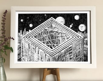 Anomaly - cityscape art print, giclee art print, geometric art print, cityscape painting, astronomy art, space art print, cosmic art print