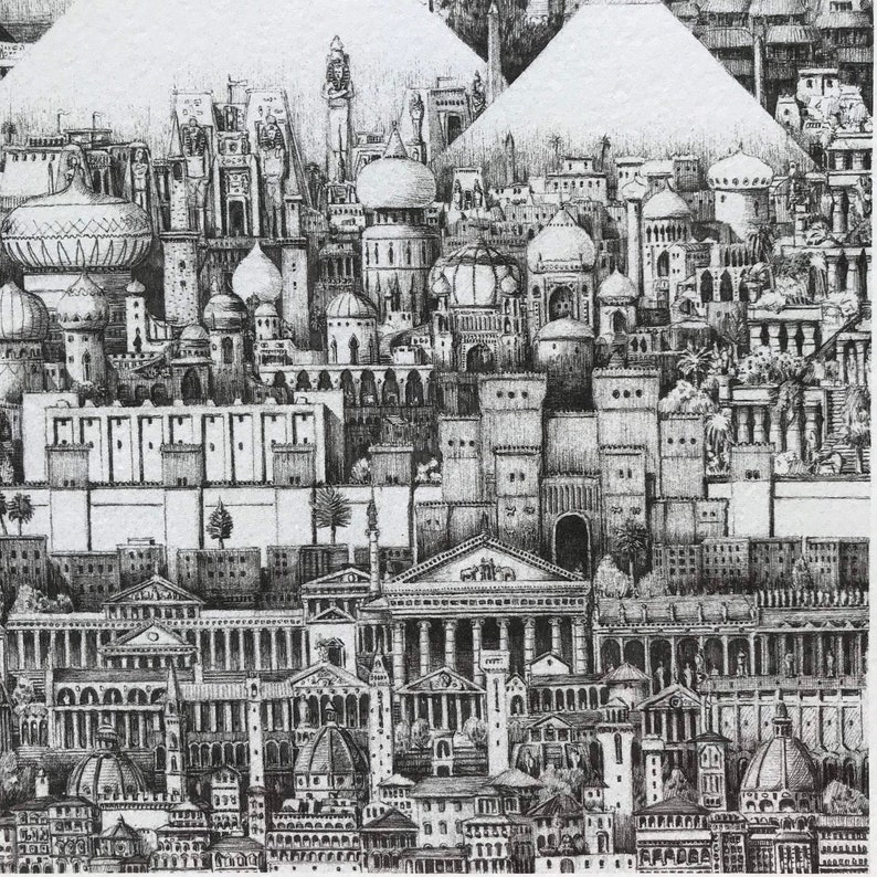 Puede incluir: Un dibujo en blanco y negro a pluma y tinta de un horizonte de ciudad con muchos edificios y torres. El dibujo es detallado e intrincado, con una variedad de estilos arquitect&oacute;nicos.