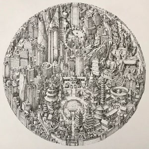 May include: A black and white pen and ink drawing of a circular cityscape with a central pond. The drawing depicts a mix of modern and traditional architecture, including skyscrapers, pagodas, and temples.