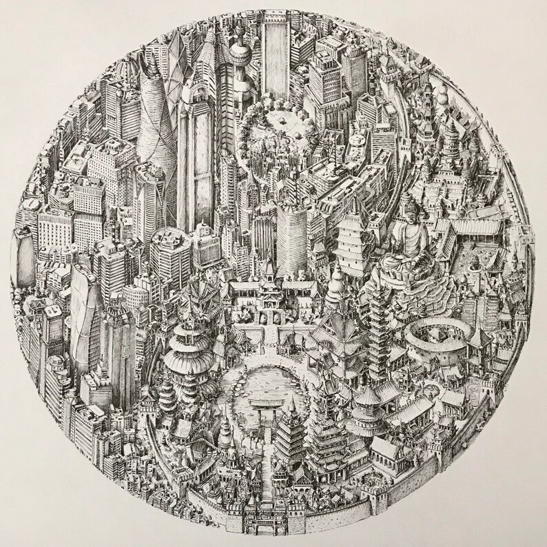 May include: A black and white pen and ink drawing of a circular cityscape with a central pond. The drawing depicts a mix of modern and traditional architecture, including skyscrapers, pagodas, and temples.