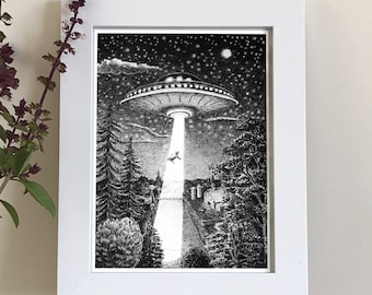 Beam Me Up Daisy - Impresión de arte OVNI, impresión OVNI, impresión de arte nerd, impresión de arte extraterrestre, impresión de arte de ciencia ficción, xfiles, arte de pared extraterrestre, OVNI, arte de pared OVNI