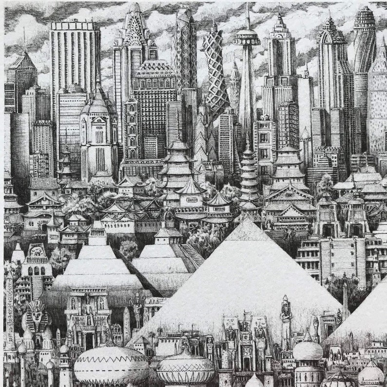 Puede incluir: Un dibujo en blanco y negro a pluma y tinta de una ciudad con rascacielos, pir&aacute;mides y otras estructuras arquitect&oacute;nicas. El dibujo es detallado e intrincado, con una variedad de estilos de edificios diferentes.
