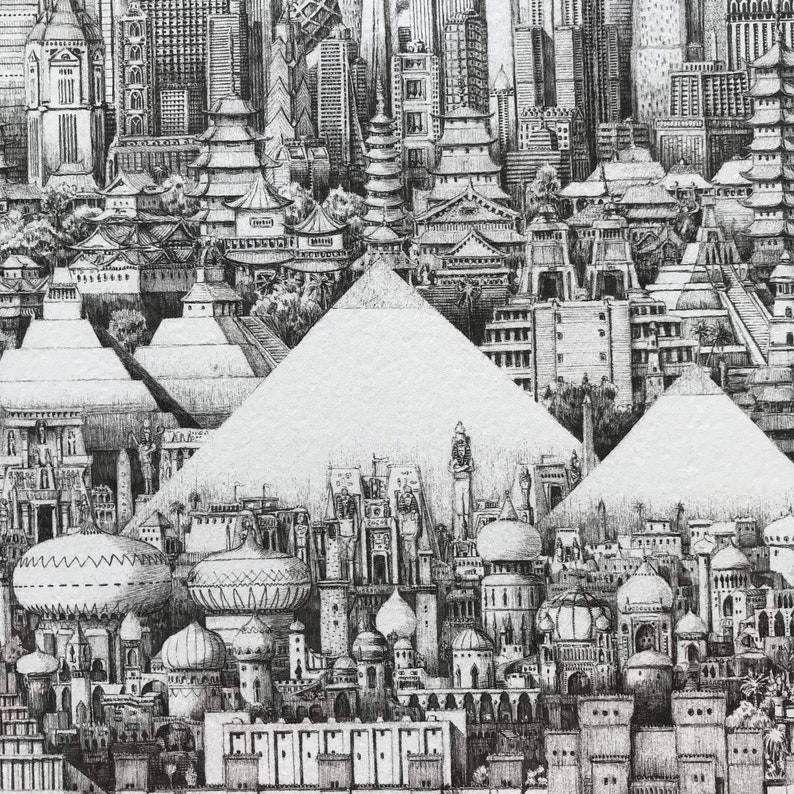 Puede incluir: Un dibujo en blanco y negro a pluma y tinta de una ciudad con varios estilos arquitect&oacute;nicos, incluyendo pir&aacute;mides, c&uacute;pulas y torres. El dibujo es detallado e intrincado, con muchos peque&ntilde;os detalles.