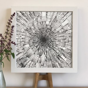 Desesperación de la modernidad: arte abstracto en tinta, impresión de dibujo en tinta, impresión de arte en tinta, arte mural de paisaje urbano, impresión de ilustración en tinta, ciudad de ciencia ficción