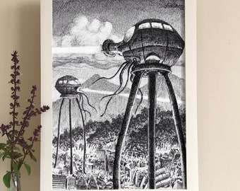 Tripods Attack - war of the worlds print, war of the worlds art, scifi wall art, nerdy art print, alien art print, scifi art print