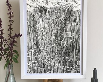 Urban Tornado - Giclee art print size A4 - cityscape surrealism weather tornado natural disaster print