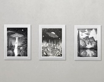 3 print collection, set of 3 prints, 3 print set, 3 print set wall art, 3 art prints, 3 art print set, UFO prints, set of three prints, UFOs
