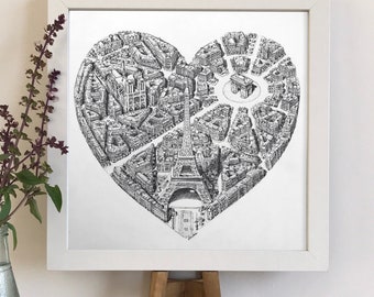 Paris Heart Print: Eiffel Tower, Notre Dame, Black and White Cityscape