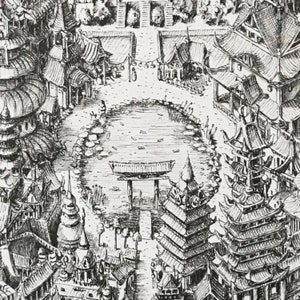 May include: A black and white ink drawing of a Japanese village with a central pond and a bridge. The village is surrounded by buildings with intricate roofs and details.