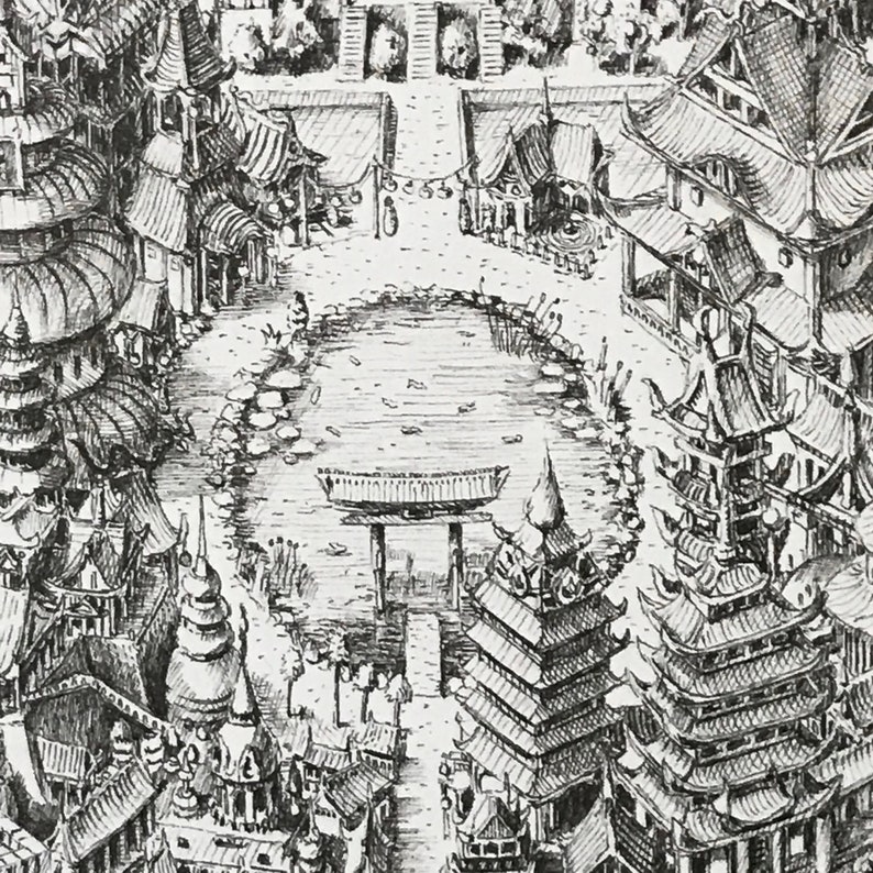 May include: A black and white ink drawing of a Japanese village with a central pond and a bridge. The village is surrounded by buildings with intricate roofs and details.