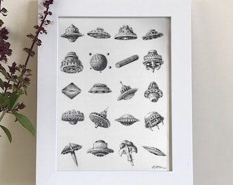 Ufo Lineup - UFO art print, UFO print, nerdy art print, alien art print, scifi art print, xfiles, alien wall art, UFO, ufo wall art