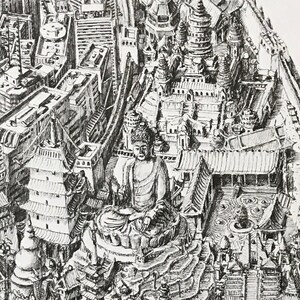 May include: A detailed black and white pen and ink drawing of a large Buddha statue sitting atop a mountain with a city in the background.