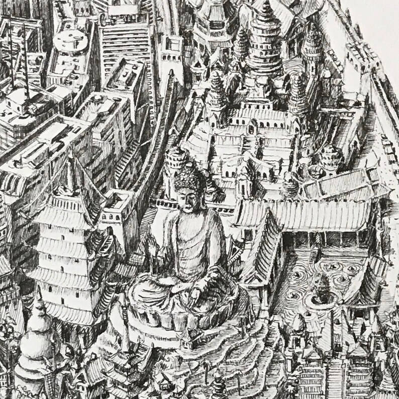 May include: A detailed black and white pen and ink drawing of a large Buddha statue sitting atop a mountain with a city in the background.