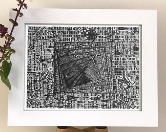 Urban Blackhole 2 - Digital art print size A5 - aerial perspective black and white surrealist cityscape forming a blackhole.