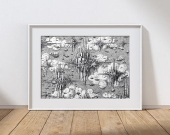 Cloudopolis - Fantasy wall art, architecture wall art, fantasy drawing, scifi drawing, cityscape wall art
