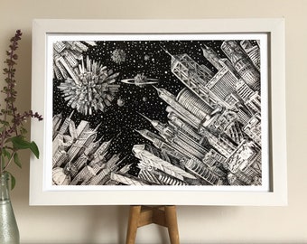 Viral City Planets - cityscape art print, giclee art print, city art, cityscape painting, city drawing, space art print