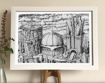 Foodtopia - food art print, food print, food prints for kitchen, fast food, burger, fries, milkshake, cityscape print, original art print