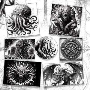 May include: A selection of black and white illustrations depicting Lovecraftian monsters. The images show creatures with tentacles, multiple eyes, and grotesque features, creating a sense of cosmic horror. The artwork is detailed and stylized.