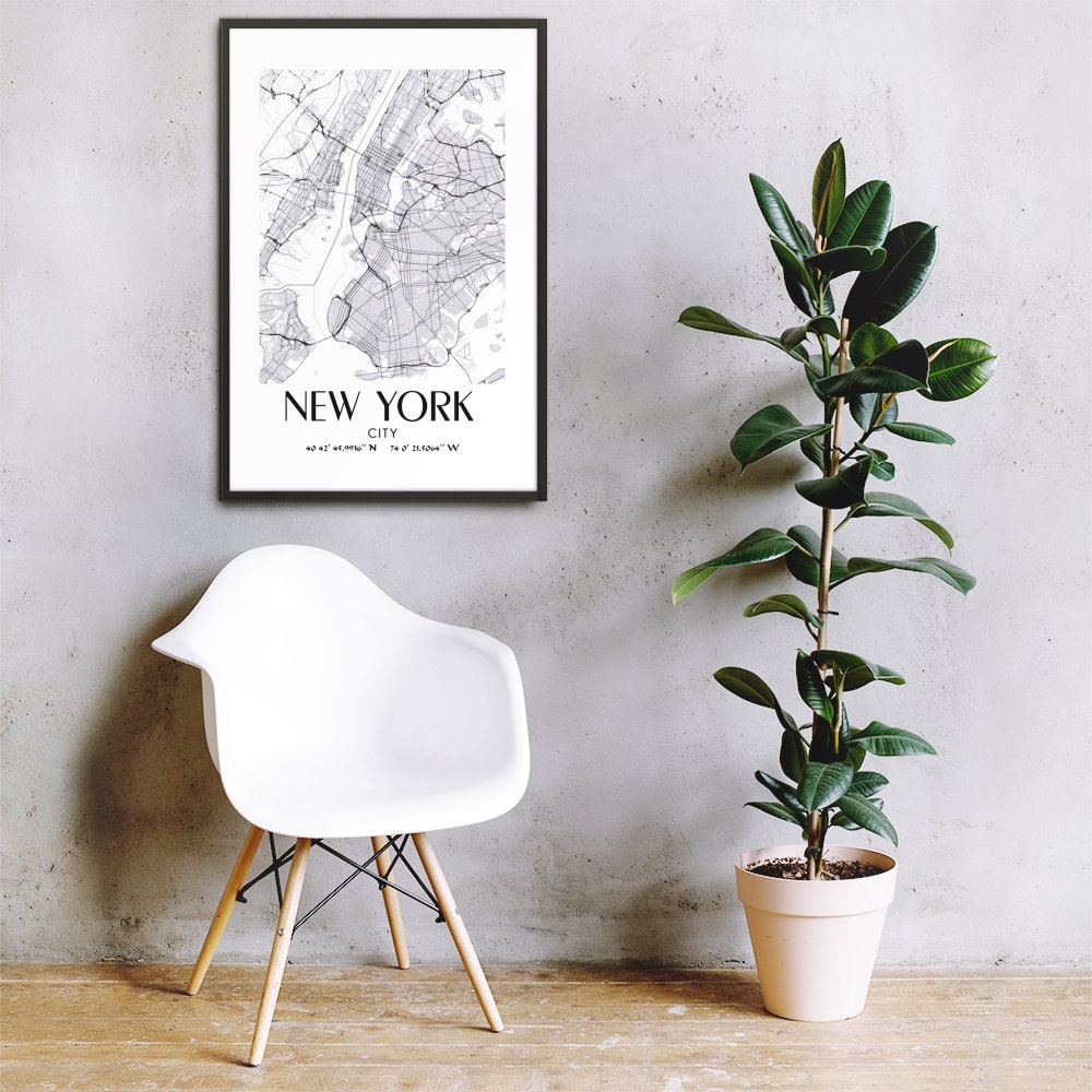 New York Map, Framed Wall Art, New York City Map, Black and White Wall
