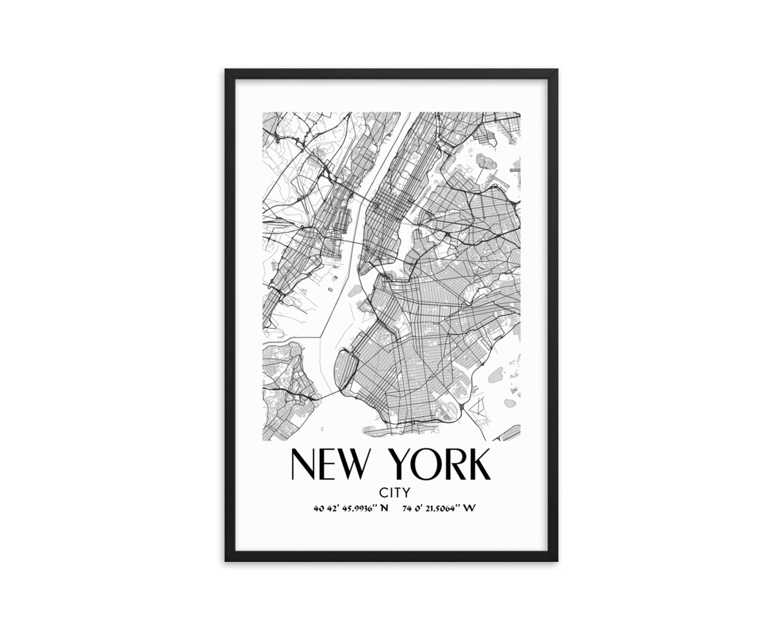 New York Map, Framed Wall Art, New York City Map, Black and White Wall