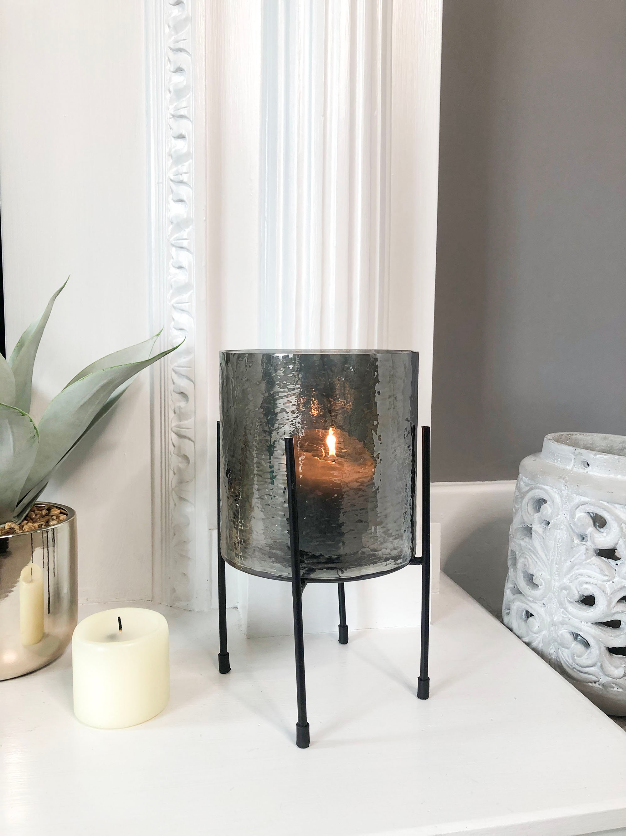 Large Grey Black Candle Holder Glass Votive Cylinder Gun Metal Etsy