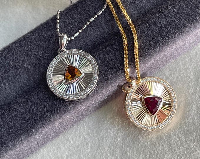 14k Gold Medallion Pendant with Rubellite or 925 Sterling Silver with Yellow Tourmaline