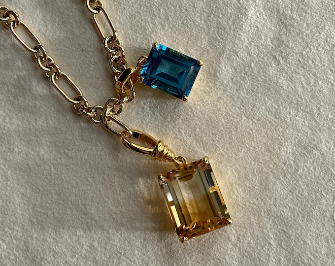 Bi-Colour Yellow Quartz / Swiss Blue Topaz Pendant Charm in 925 Sterling Silver & Gold Plated