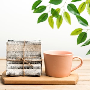 Black and White Striped Fabric Coasters Set of Handmade Cotton Coasters, Handwoven Cotton Coaster Set, Natural Dyes, Hmong Creations image 1