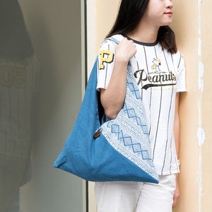 Japanese Origami Totes | Handmade Cotton Tote Bag, Large Shopping Bags, Blue Shoulder Bag, Boho Fabric Tote