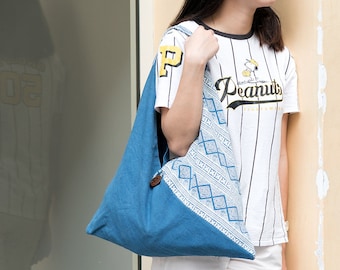 Japanese Origami Cotton Tote Bag | Blue Boho Shoulder Bag