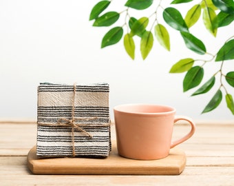 Black and White Striped Fabric Coasters | Set of Handmade Cotton Coasters, Handwoven Cotton Coaster Set, Natural Dyes, Hmong Creations