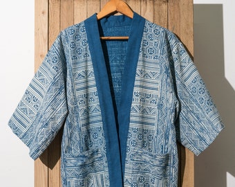 Kendo Jacket | Japanese Unisex Overcoat, Blue Block Printing Fabrics, Cotton Handmade Free Size Jacket, Indigo Batik Japan Jacket