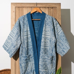 Kendo Jacket | Japanese Unisex Overcoat, Blue Block Printing Fabrics, Cotton Handmade Free Size Jacket, Indigo Batik Japan Jacket