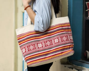 Red Canvas Shopping bag, Ethnic Brocade Fabric Shoulder bag, Embroidered Tote bag, Upcycled Fabric Handbag Gift idea, Women travel gift