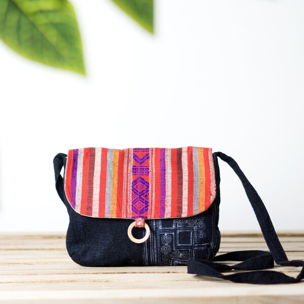 Hmong Fabric Crossbody bag, Vegan Shoulder bag, Brocade fabric, Thai fabric Small bags, Boho Hippie style Cotton handbag, Eco friendly bag