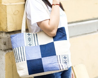 Vegan Shoulder bag, Quilted tote bag,  Sustainable living Blue & White Cotton Checkered Bag, Large Geometric shoulder bag, Thai Bag Gift