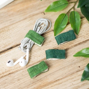 Green Hemp Fabric Cord Holder, Eco friendly  Cord keeper, Unique Vegan Travel gift, Phone cord & Earphone organizer Gift idea