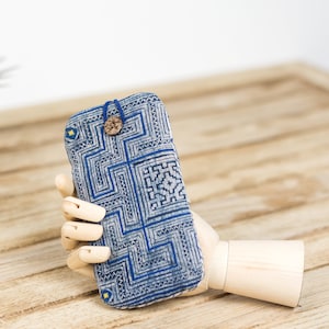 Tribal Fabric Phone Case, Handmade Fabric Iphone case, Hmong Soft glasses case, Indigo blue Fabric sunglasses case, Padded phone sleeve