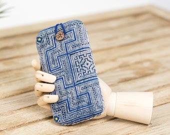 Tribal Fabric Phone Case, Handmade Fabric Iphone case, Hmong Soft glasses case, Indigo blue Fabric sunglasses case, Padded phone sleeve