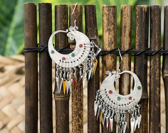 Ethnic Earrings |  Hmong Jewelry, Silver Chandelier Earrings, Colorful Earrings, Hill Tribe Earrings, Hmong Creations