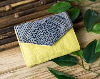 Compact Purse | Yellow Small Purse, Short Wallet, Hemp Purse, Indigo Batik, Hmong Creations