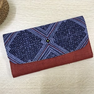 Rotes Boho Hanf Portemonnaie, Unikat Hmong Portemonnaie Damen Geschenk, Handgemachte Hippie Geldbörse, Indigo Batik Long Geldbörse