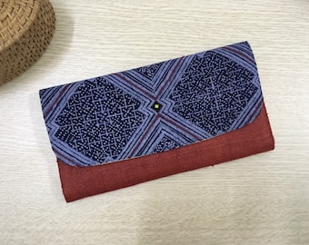 Red Boho Hemp wallet, Unique Hmong Wallet Women Gift, Handmade Hippie wallet, Indigo Batik Long Purse