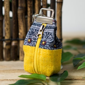 Yellow Key Pouch Fabric Keychain Pouch, Coin Pouch with Key Fob, Boho Keychain Purse, Hmong Creations, Indigo Batik Pattern image 2