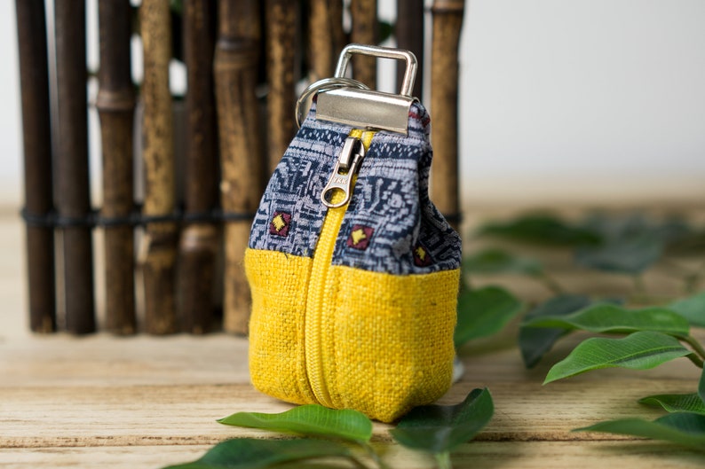 Yellow Key Pouch Fabric Keychain Pouch, Coin Pouch with Key Fob, Boho Keychain Purse, Hmong Creations, Indigo Batik Pattern image 2