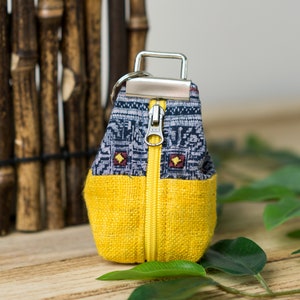 Yellow Key Pouch Fabric Keychain Pouch, Coin Pouch with Key Fob, Boho Keychain Purse, Hmong Creations, Indigo Batik Pattern image 1