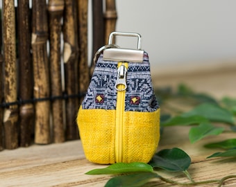 Yellow Key Pouch | Fabric Keychain Pouch, Coin Pouch with Key Fob, Boho Keychain Purse, Hmong Creations, Indigo Batik Pattern