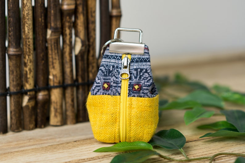 Yellow Key Pouch Fabric Keychain Pouch, Coin Pouch with Key Fob, Boho Keychain Purse, Hmong Creations, Indigo Batik Pattern image 1